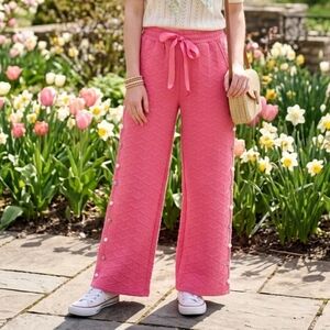 Simply Southern Quilted Wide Leg Pearl & Rhinestone Trim Pants - Pink - S